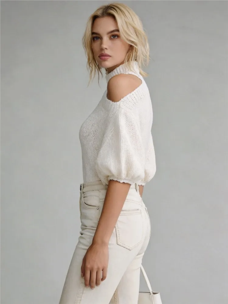 Women Turtleneck Cut Out Shoulder Knit Sweater Autumn Fashion Puff Sleeve Hollow Out Knit Top Elegant Lady Casual Pullover