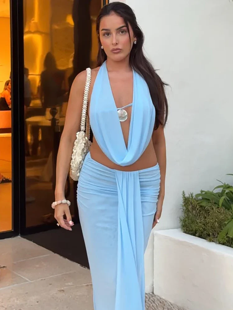 Sexy Dress Set Women Halter Crop Top And Maxi Skirt Matching Sets Female Elegant Beach Club Party Skirt Two Piece Set image 5