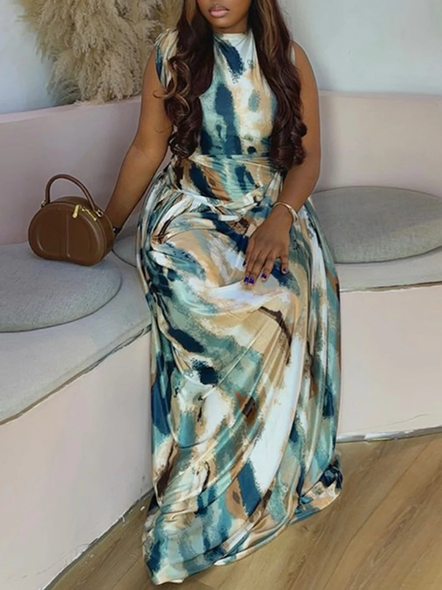 Ziml casual estilo praia impressão vestidos longos para mulheres em torno do pescoço sem mangas cintura alta emagrecimento dobras chique vestido feminino novo