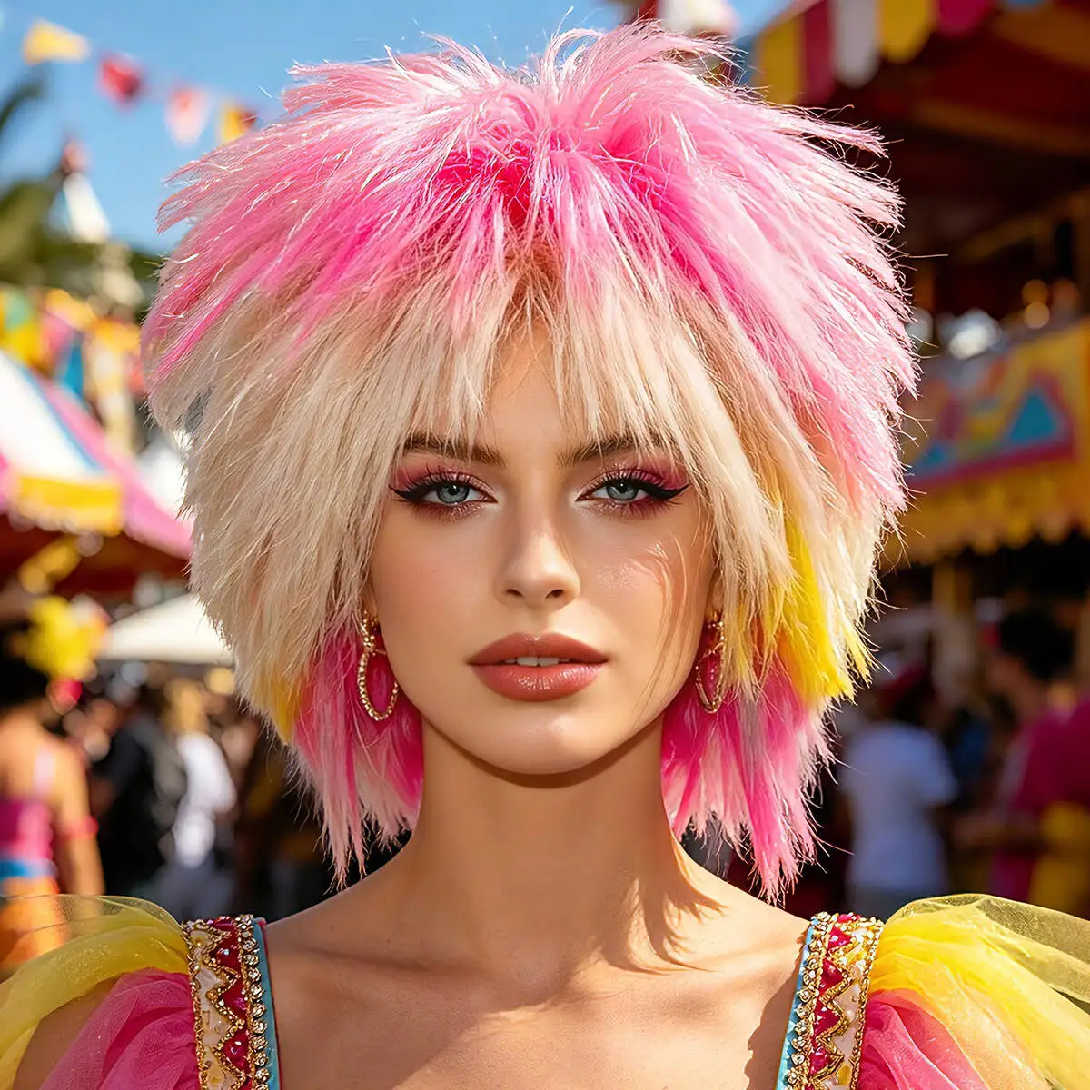 Pastel Rainbow Tinsel Mullet Synthetic Wig, Fluffy Spiky Layered Cut for Rave Festival Halloween Punk Cosplay Party Outfit