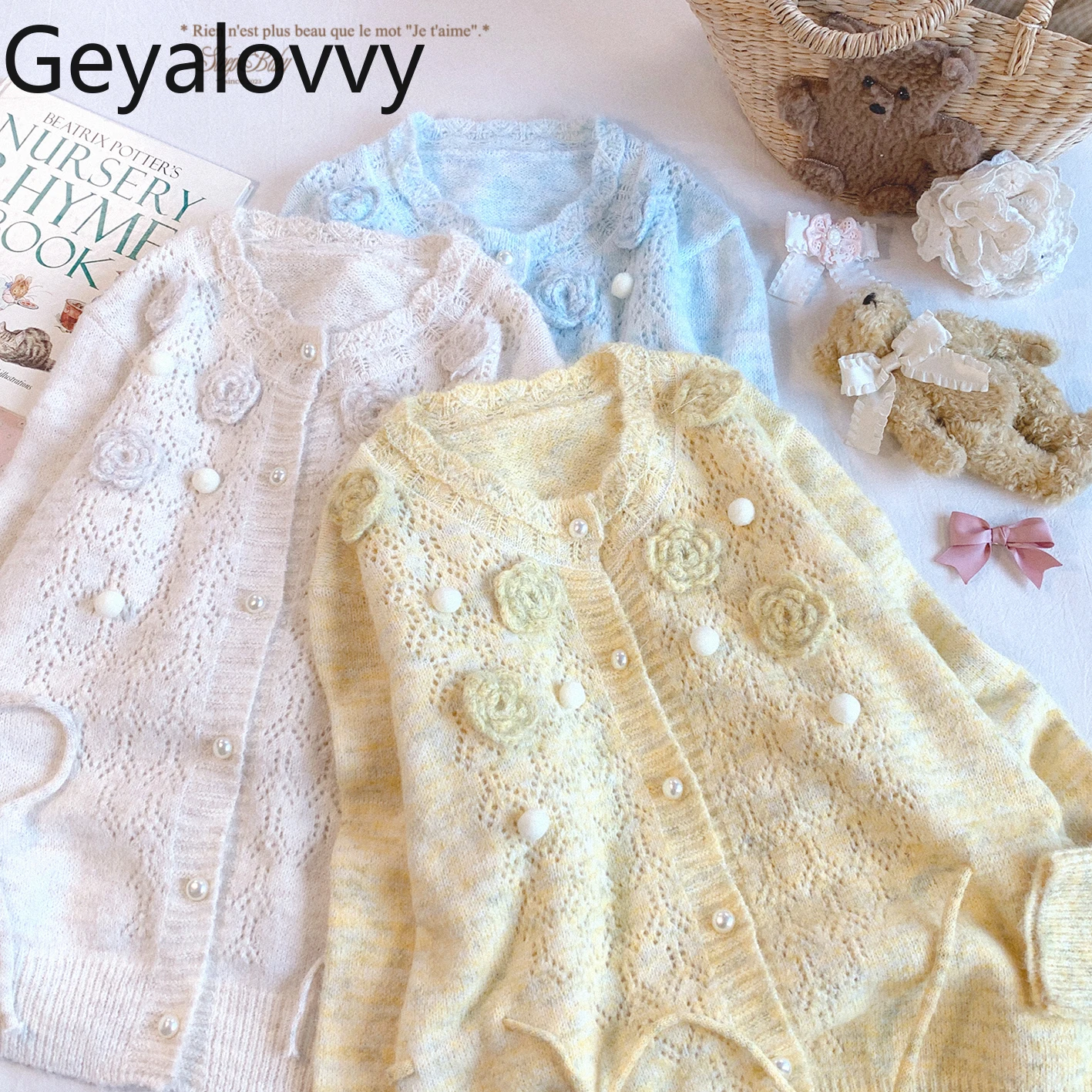 Sweet Cute Retro Style Loose Sweaters Tops for Women Autumn Winter Lace-Up Knitted Cardigan  Casual Crew Neck Knit Sweater