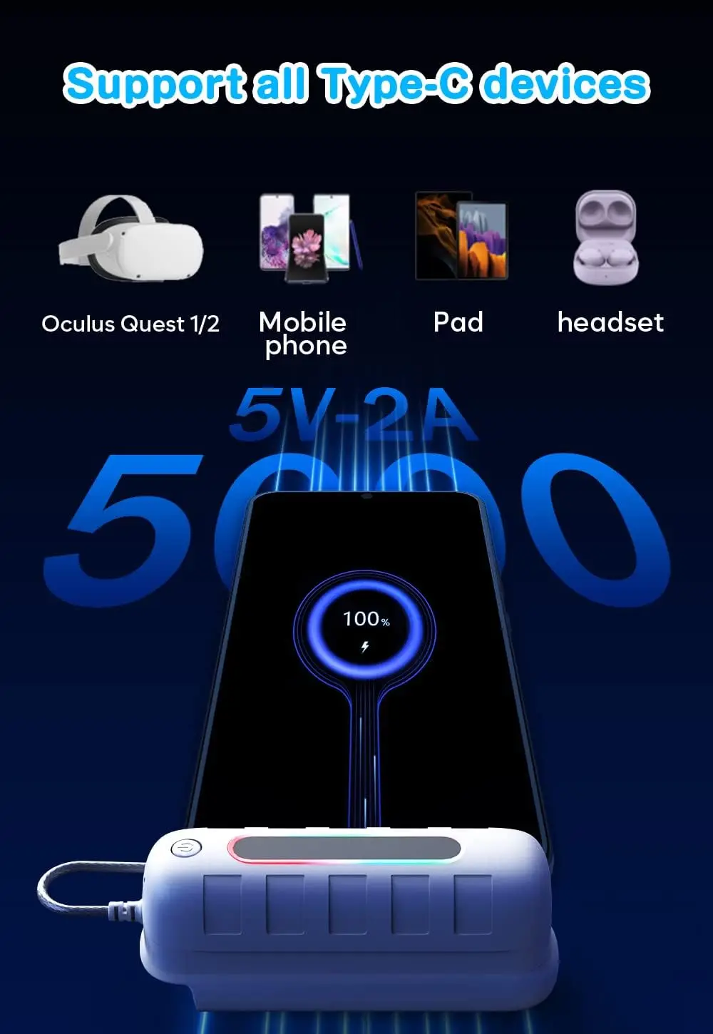 حزمة بطارية قابلة للشحن بقدرة 5000 مللي أمبير في الساعة لبطارية Meta Quest 2/3/3S خفيفة الوزن لـ Quest 2 تمتد البطارية توسيع وقت اللعب