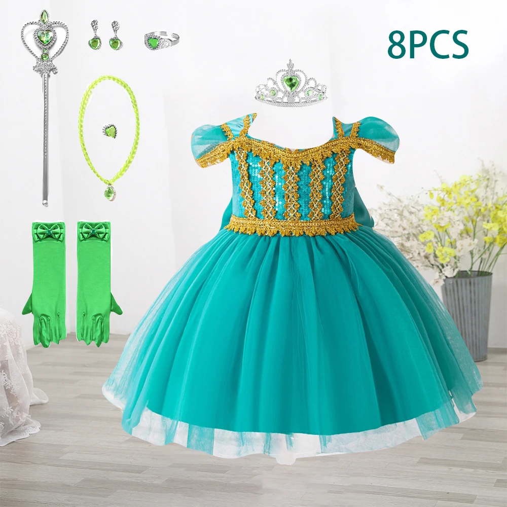 

8pcs Baby Girl Frozen Princess Dress Cosplay Party Dresses For Girls Toddler Exotic Green Sequin Clothes Children Sets Bow Wear