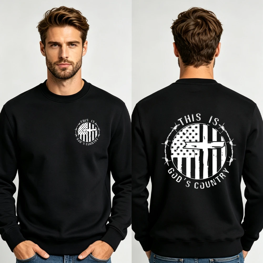 Men This Is God's Country US Flag Cross Double Sided Crewneck Sweatshirt Distressed Vintage Christian Patriotic Pullover Tops