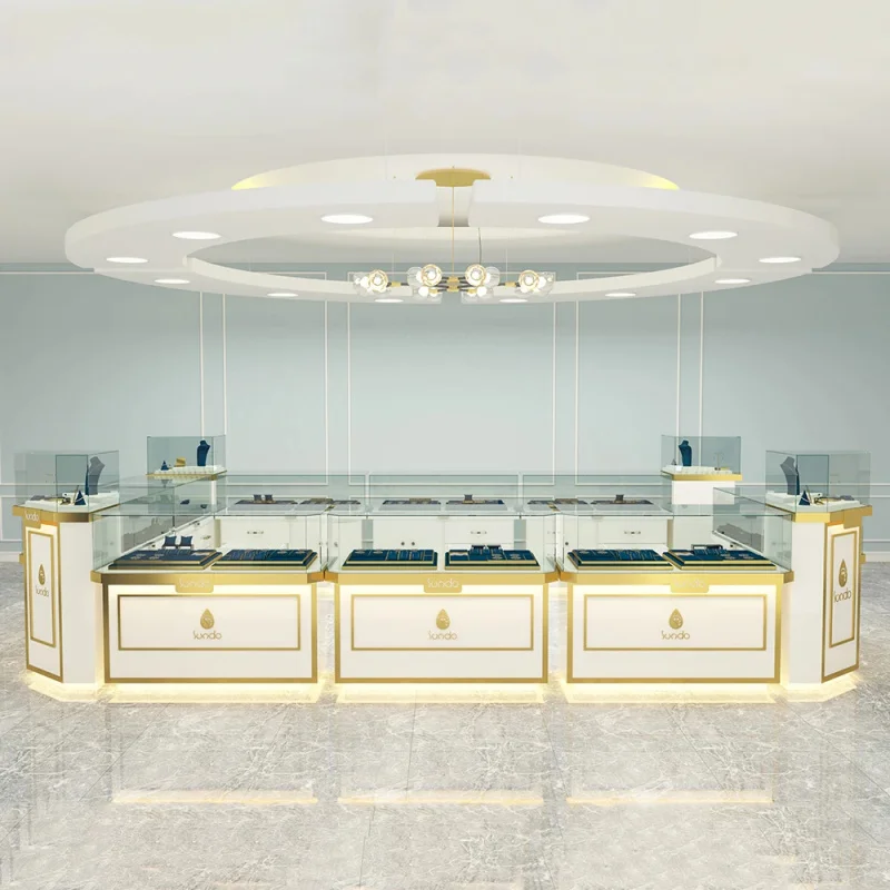 custom.Luxury Jewelry Shop Mall Kiosk Window Display Cabinet Design Necklace Jade Glass Counter Jewelry Set Stand Display