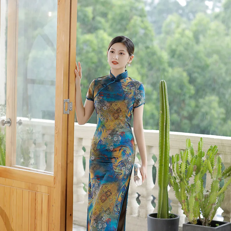 Summer New Style Short Sleeve and Long Pattern Satin Young Chinese Cheongsam Dress Large Size Women's Clothing