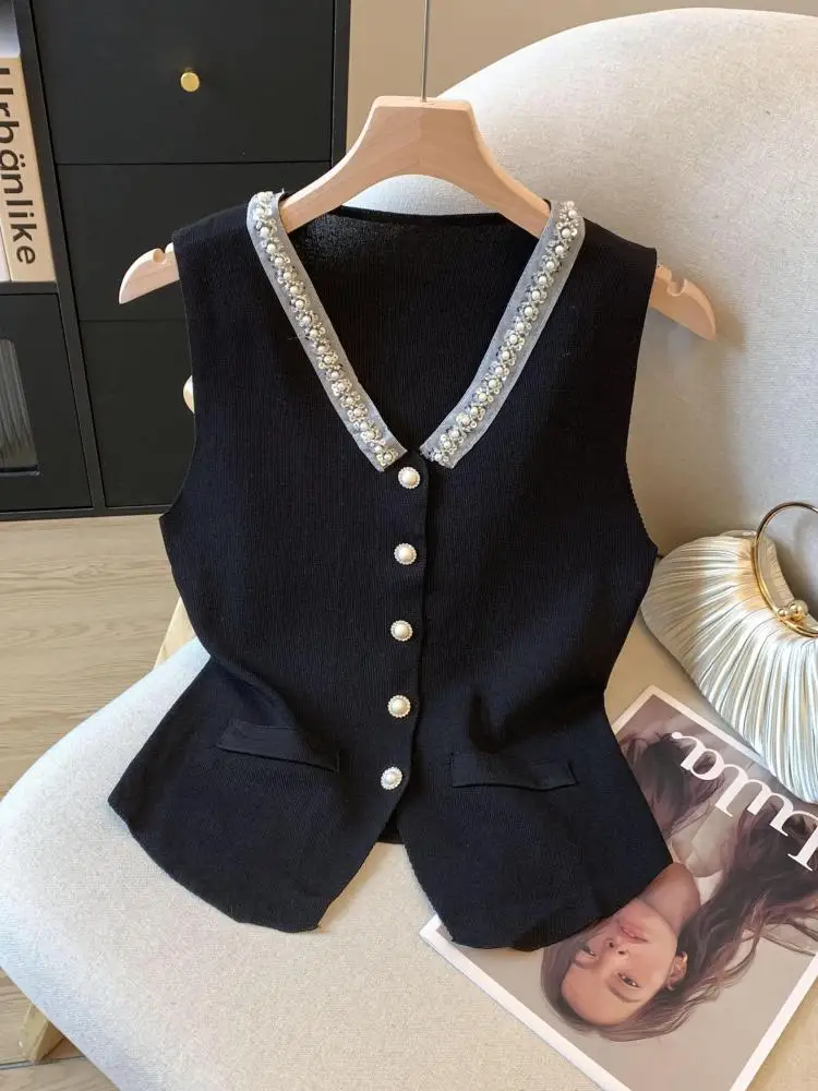 

Женский однобортный короткий жилет с жемчугом, черный, бежевый, розовый, в стиле пэчворк, весна-лето, элегантный топ без рукавов с v-образным вырезом, модный тренд