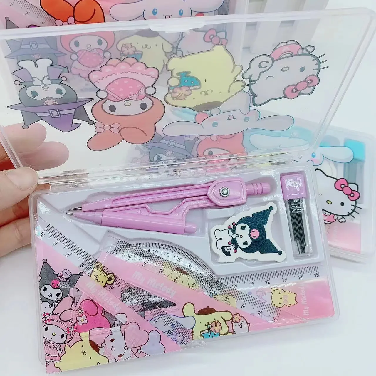 

7pcs Sanrio hello kitty Kuromi ruler triangle plate compass set cinnamon stationery rubber sassafras eraser