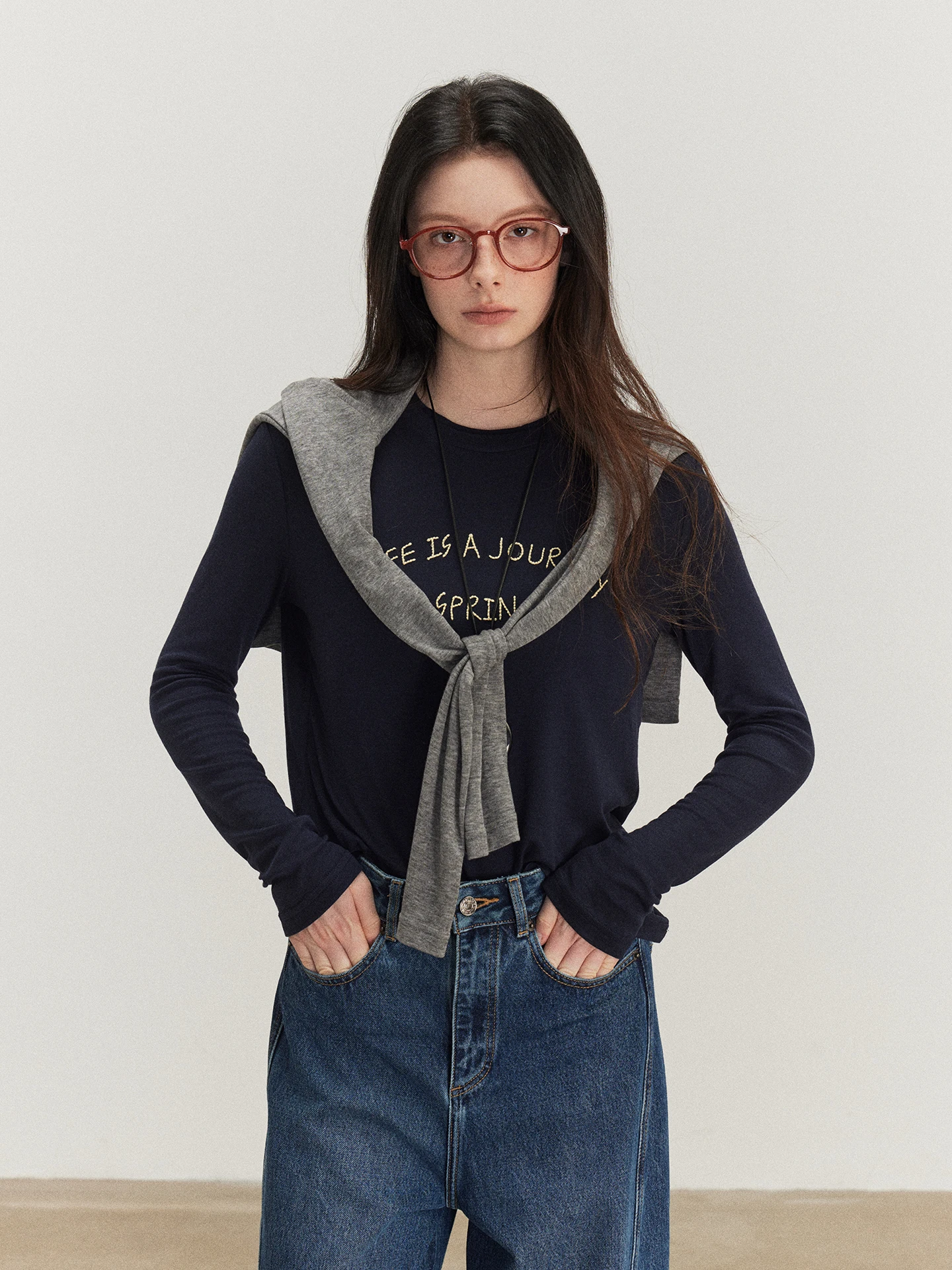

Embroidered Letter Wool Long Sleeve round Neck T-Shirt Women's Spring Summer New Pure Color Versatile Inner And Outer Wear Top