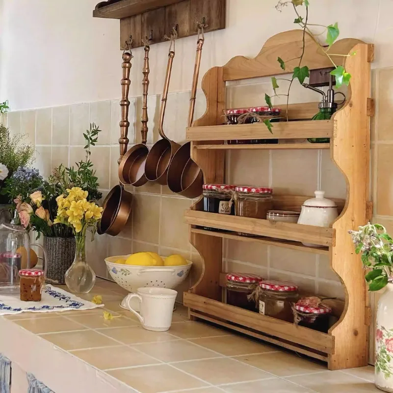  رف خشبي للمزرعة مصنوع يدويًا من خشب الأرز على الحائط منظم تخزين المطبخ الريفي غير سام لغرفة الطعام شديدة التحمل #1