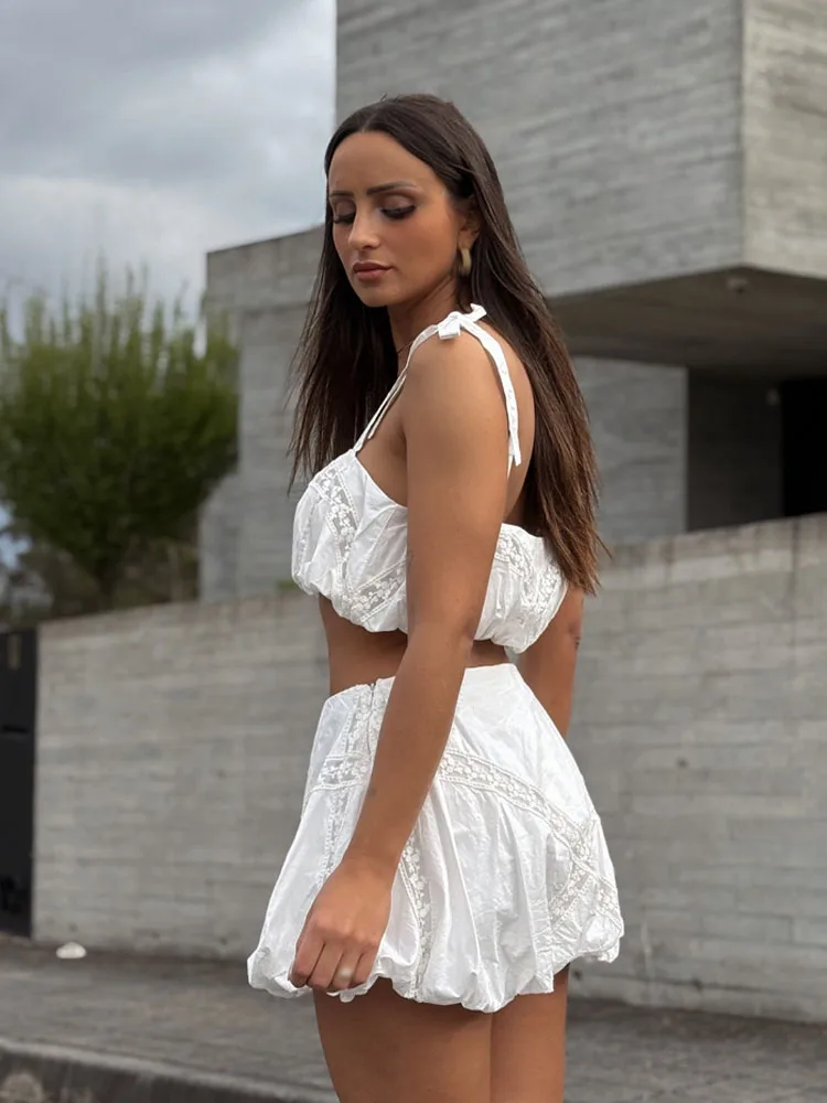 HH Donna Estate Solido Popolare Stile Palloncino Popeline Pizzo Impiombato ​ ​ Set da 2 pezzi con top a tracolla + minigonna con cerniera gonfia ricamata