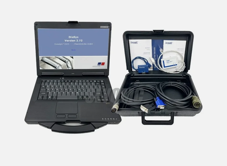 USB to CAN v2 adapter for MTU engine diagnostic tools, and MTU Diasys v2.72 software with CF53 laptop.
