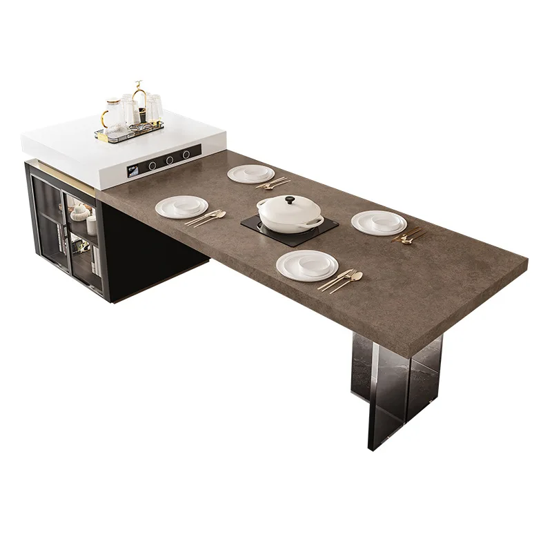 

Квази-плавающий островный обеденный стол, встроенный выдвижной бытовой кухонный стол из каменной плиты, высококачественный светлый роскошный средний направляющий стол