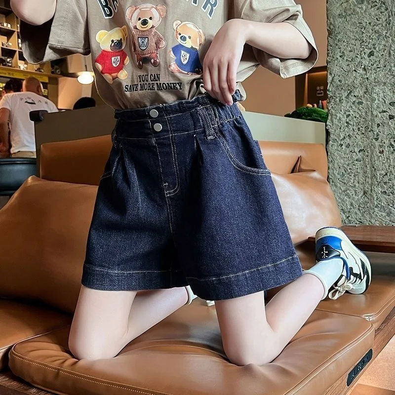 2026 Summer 3-12T Girls Denim Shorts Elastic Waist Pleated Casual Trousers Loose Korean Style Kids Short Jeans for Teen Girls