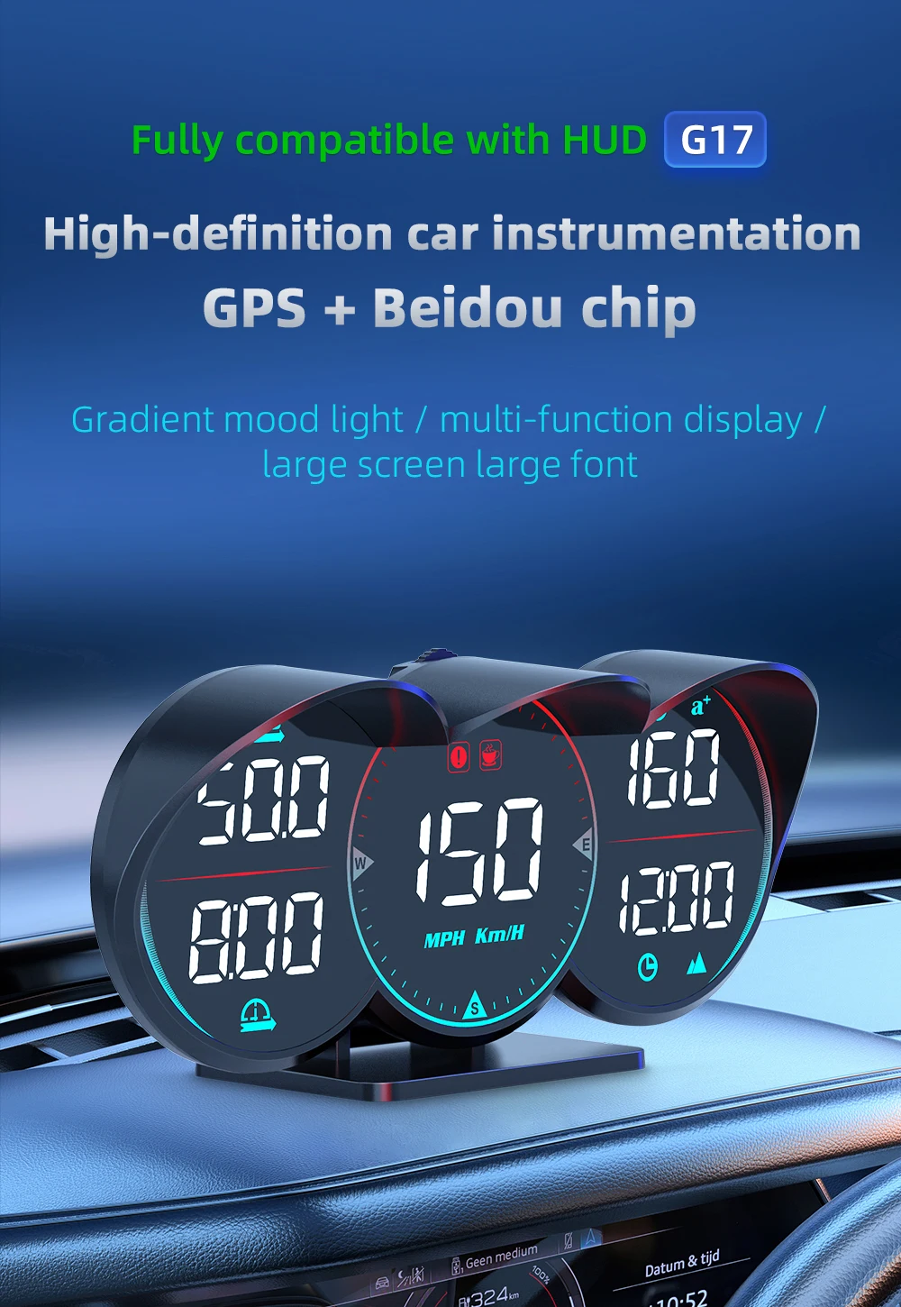 Hot WiiYii G17 New Cyberpunk Design 4.5-inch LED Car HUD GPS Speedometer Gradient Ambient Light USB-C All-in-1 Head-up Display