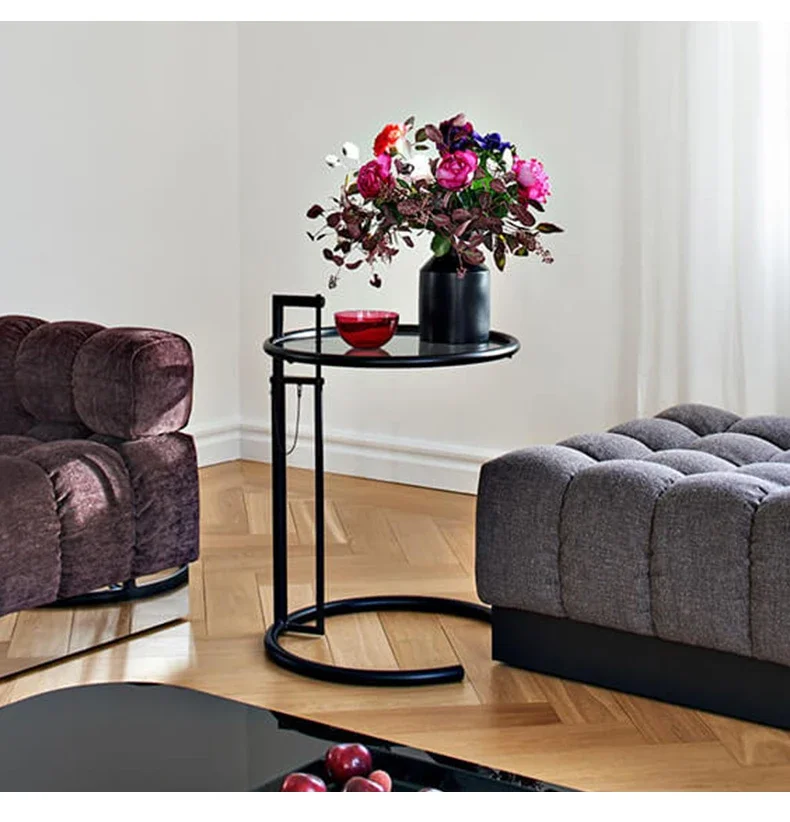 Stainless Steel Craft Popular Ins Lift Round Side Table Small Tea Table Living Room Transparent Tempered Glass Coffee Table