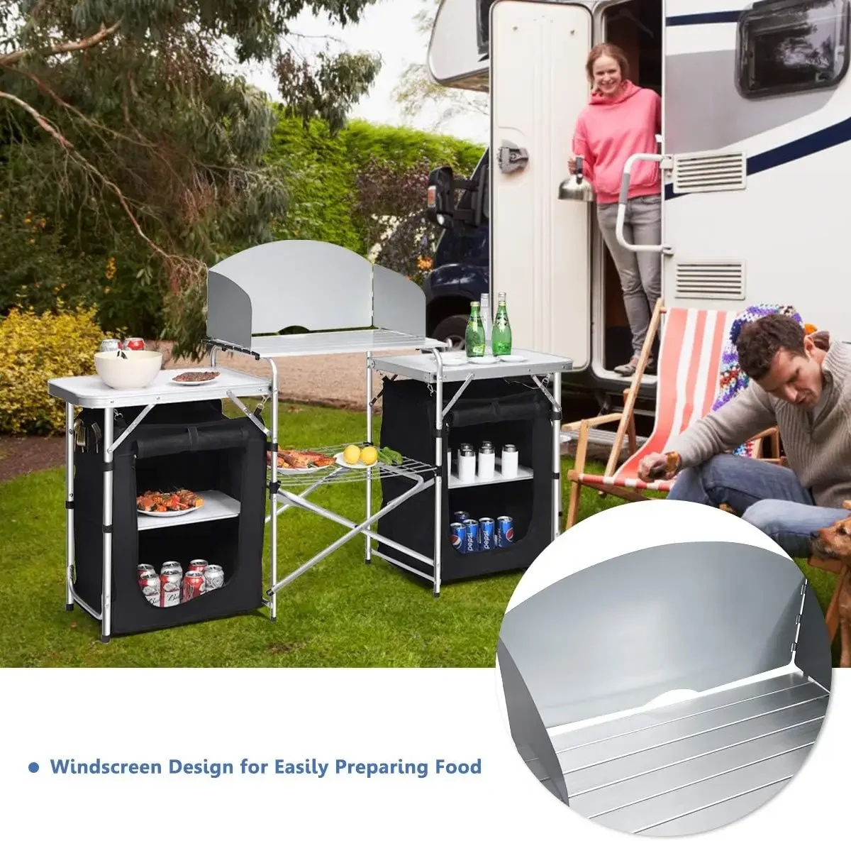 Camping Kitchen Station, Folding Grill Table with 26'' Tabletop, 2 Side Tables, Storage Organizer, Detachable Windscreen