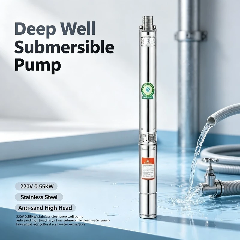 220V 0.55KW Stainless Steel Deep Well Pump, Anti-sand High Head Large Flow Submersible Clean Water Pump for Agricultural Use