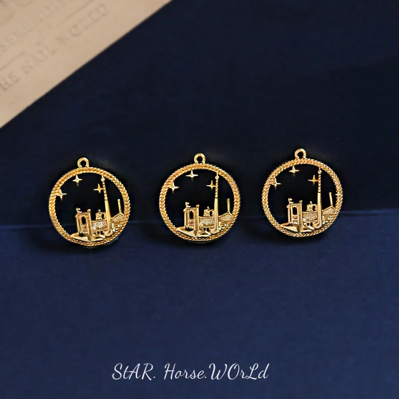 6pcs Copper Plated Gold Color City Night Sky Pendant DIY Handmade Jewelry Necklace Earrings Pendant Accessories Materials Charms