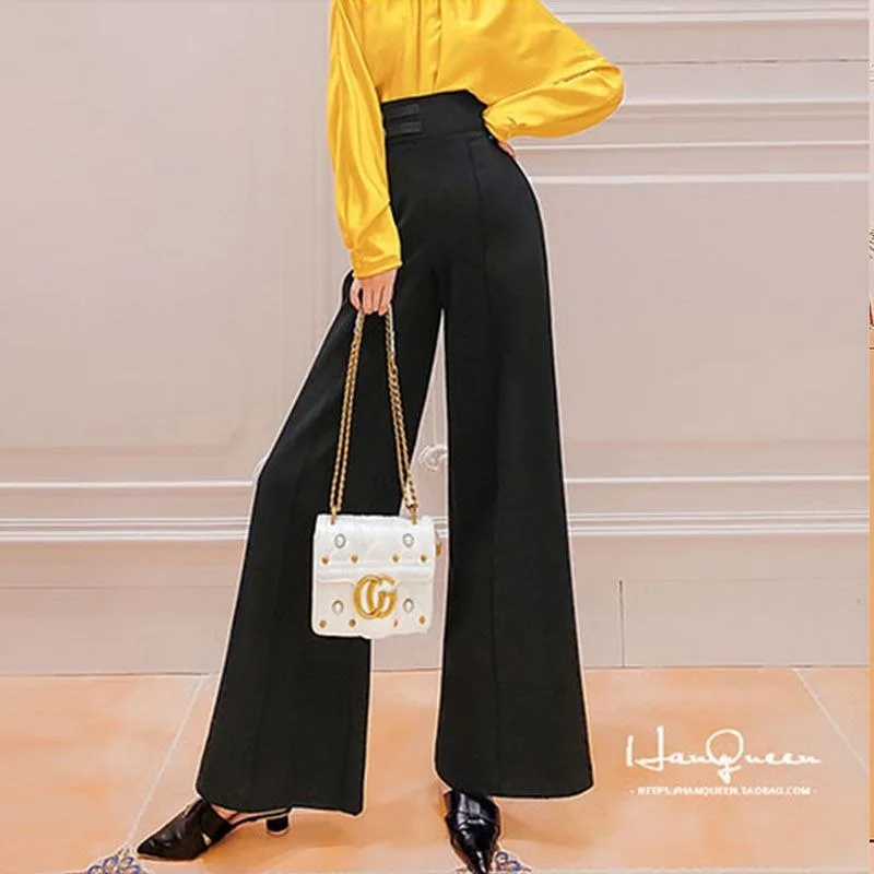 Calças de perna larga para mulheres com cintura alta outono novo estilo elegante magro e versátil calças soltas para mulher