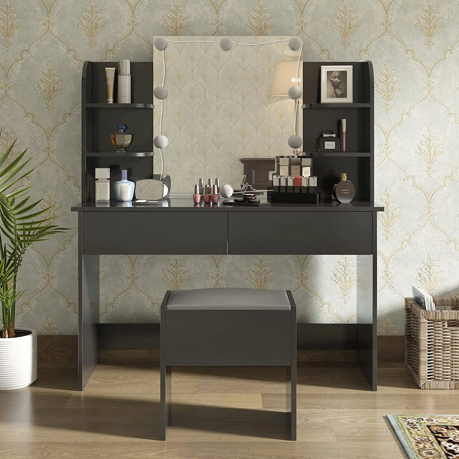 #Moderno Mesa De Maquillaje Con Espejo 2 Cajones Y 3 Compartimentos Tocador Luces LED Con Brillo Ajustable