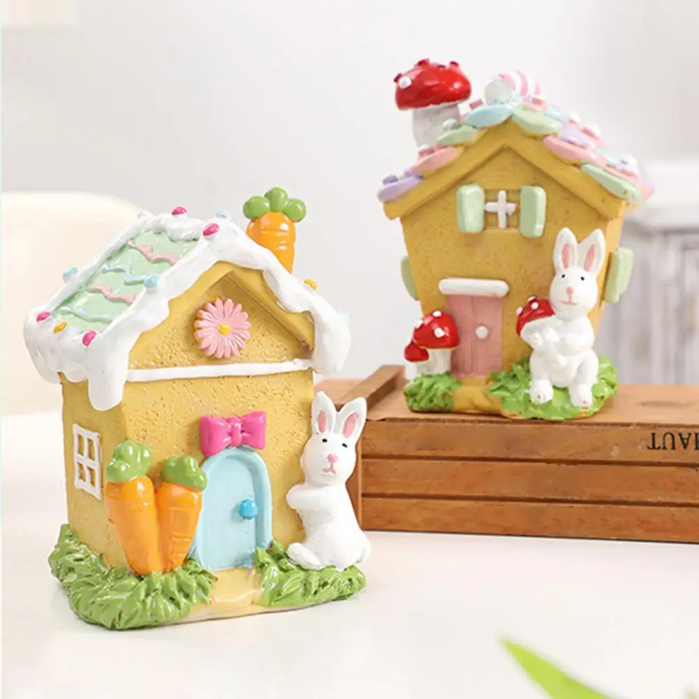 Miniature House Figurines Small Easter Bunny Gingerbread House Statue Resin Micro Landscape Tabletop Ornament for Home Party Dec