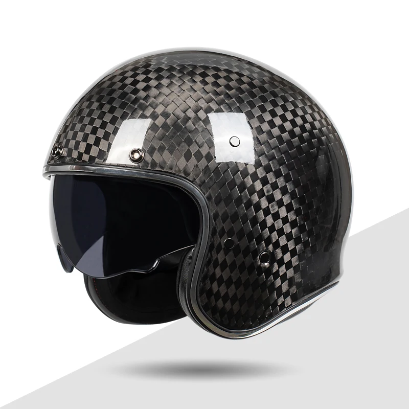 

Women and Man Gloss Black CarbonFiber Motorcycle Open Face Helmet Retractable Visor Vintage Half Scooter Helmets Vesp Honda