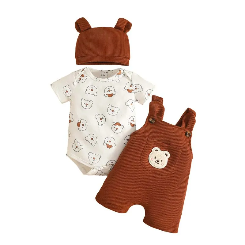

0–18 Months 3-Piece Set Baby Boys Clothes Summer Short Sleeve Bear Print Onesies+Suspenders Pants+Hat Cute Newborn Outfits