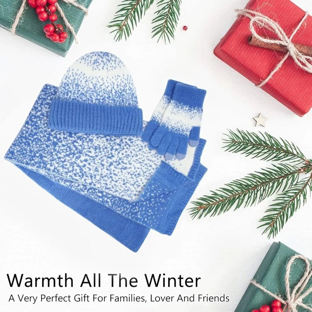 المرأة الشتاء قبعات صغيرة متماسكة وقفازات لمس وشاح طويل مجموعة مع الدافئة صوف مبطن قبعات الجمجمة الأوشحة للنساء