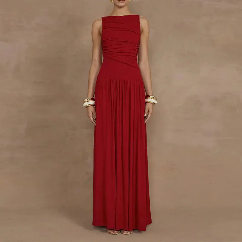 المرأة عالية الخصر مثير فستان طويل بلون فساتين الحفلات الطويلة مطوي سليم صالح بلا أكمام مائل الرقبة مساء فستان N1223-10 #5