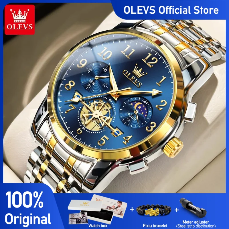 OLEVS brand2900 Men\'s Watches Stainless Steel Calendar Moon phase Watch Chronograph Big Dial Men\'s Wristwatches Original