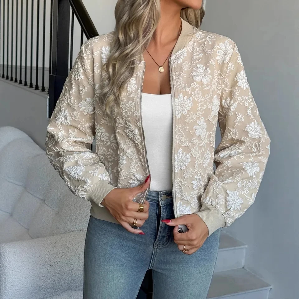 Fashion Print Jacquard Short Jackets Women Coats Oversized Jackets 2025 Casual Zipper Female Long Sleeve Zip-up Baseball Jackets
