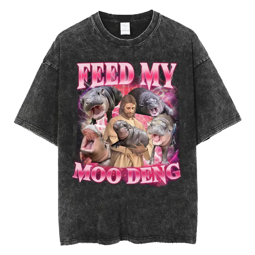 Funny Meme Jesus Holding Moo Deng Cute The Hippo T Shirt Fashion Hip Hop Vintage Washed T-shirts Men Women Casual Oversized Tees
