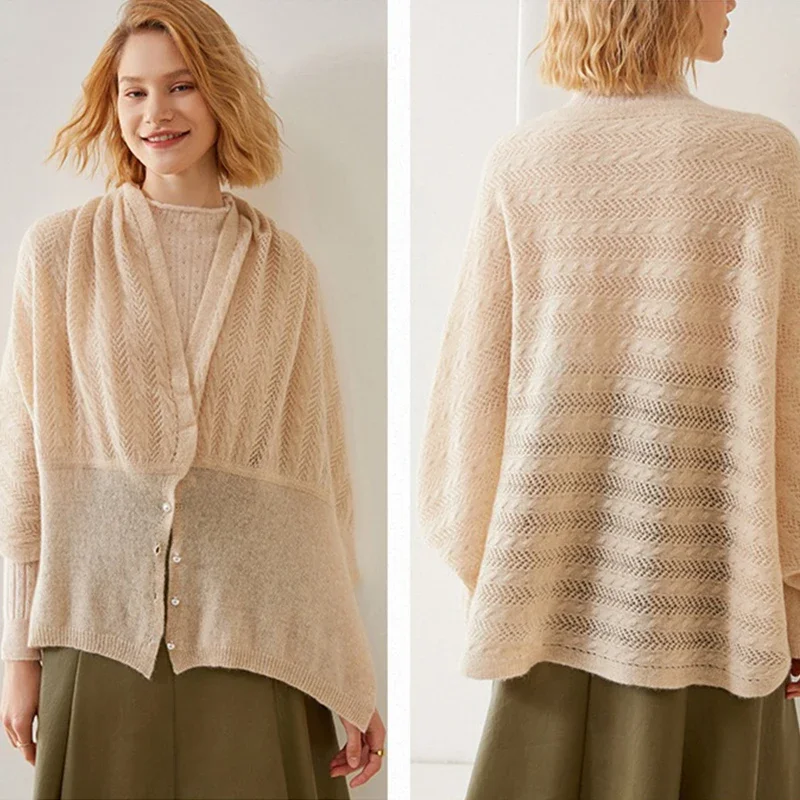 

Pushima 100% Pure Cashmere Scarf Women's Soft Warm Cardigan Pearl Decorated Winter Autumn Cape Dual-Purpose Knitwear