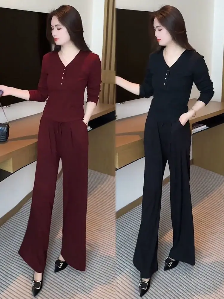

Fashionable V-Neck Long Sleeve T-Shirt And Wide Leg Pants Two-Piece Set for Women Casual Spring Autumn Style Slimming Look