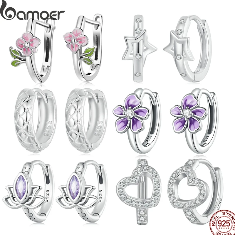 Bamoer 925 Sterling Silver Simple Flower Star Hoop Earrings Fashion Piercing Ear Buckles for Women Fine Wedding Jewelry Gifts