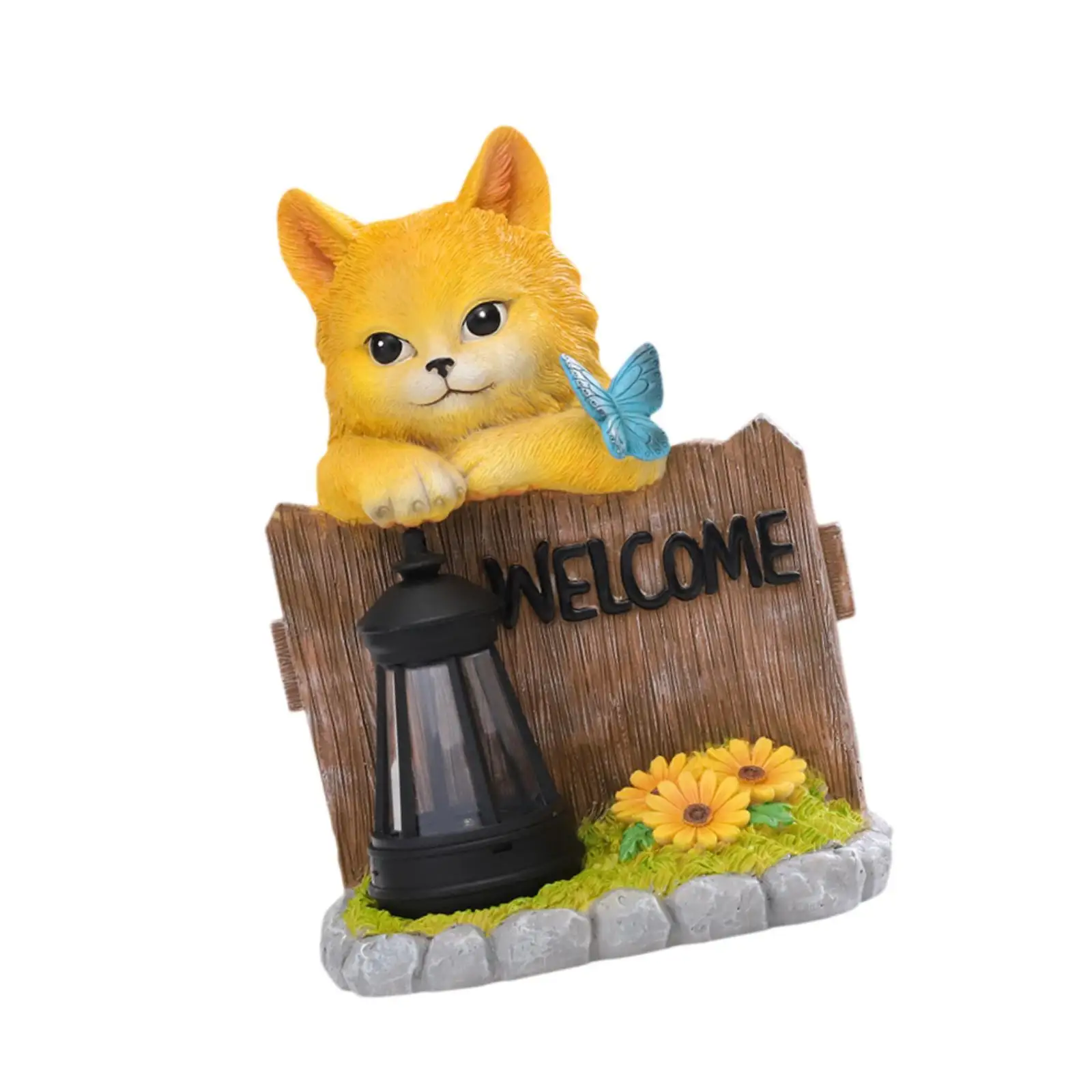 Animal Sculpture Art Decor Cartoon Hang on Wall with Solar Lighting Resin Figurine Ornament for Porch Home Path Outside Terrace