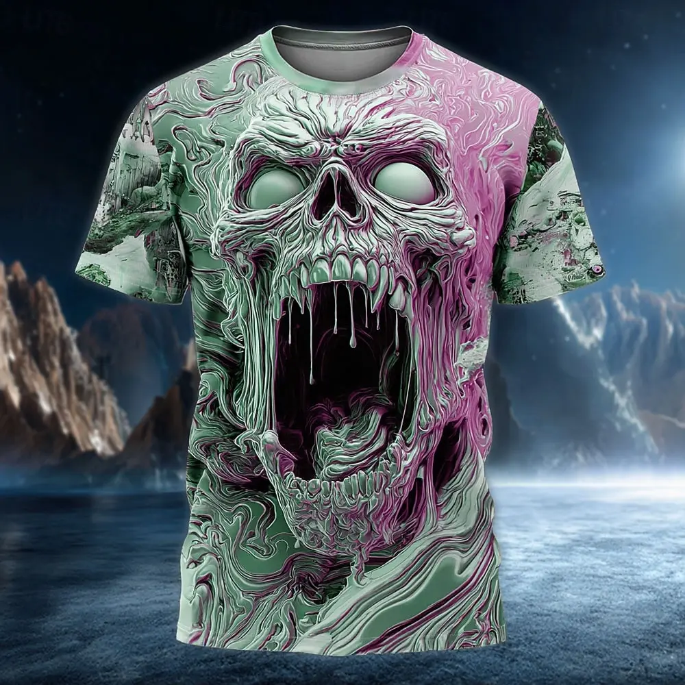 Screaming Skull Print Short Sleeve Horror Casual Tee Multi Colors3D