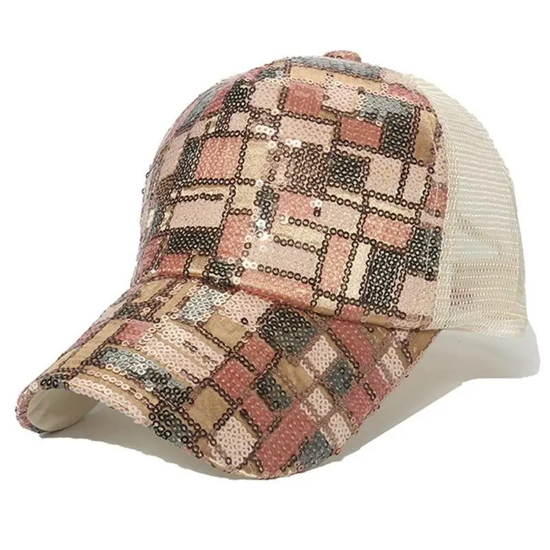 39BD Spring Summer Sequins Outdoor Leisure for Sun Baseball Cap Women Polyester Fiber Breathable Sequins Adjustable Cycling C