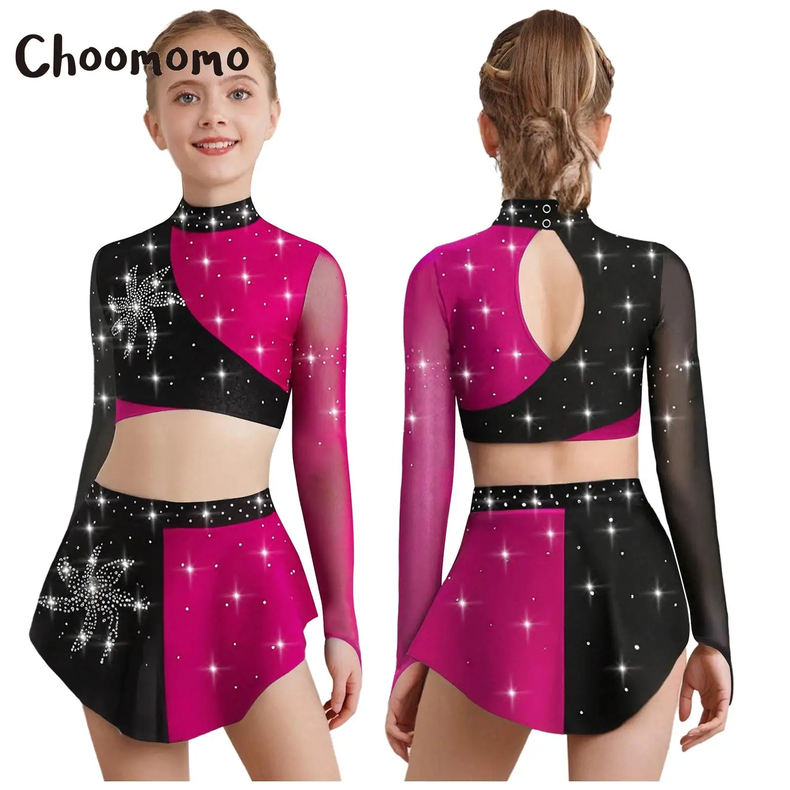 

Kids Girls Ballet Gymnastics Sets Figure Skating Dance Performance Sportswear Outfit Sheer Mesh Long Sleeves Keyhole Back Design