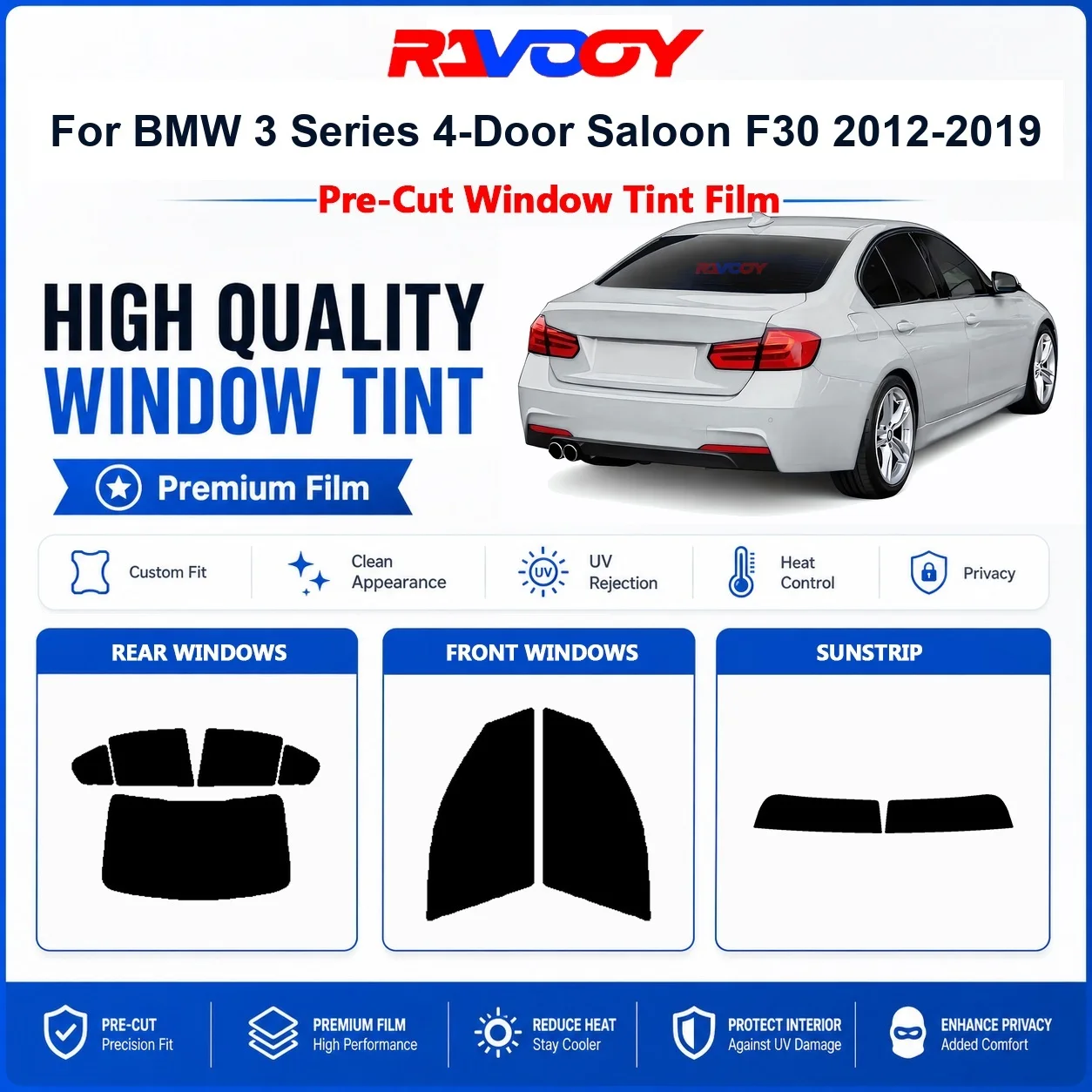 Premium Pre-Cut Window Tint For BMW 3 Series 4-Door Saloon F30 2012-2019 Front & Rear Windows UV Heat Rejection Privacy Film