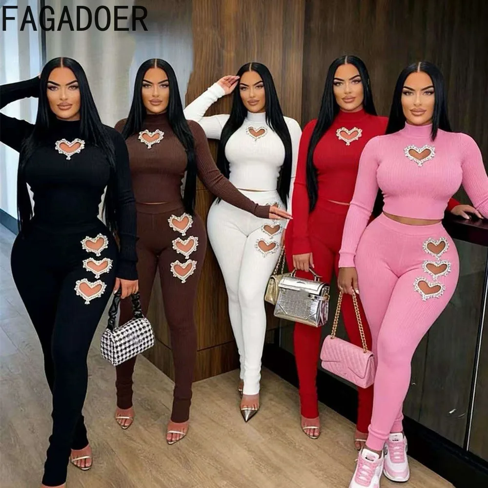 FAGADOER Women Knit Two Piece Set Rib Long Sleeve Top Legging Pants Matching Outfit Y2K Chic Streetwear Outside Boutique Fashion