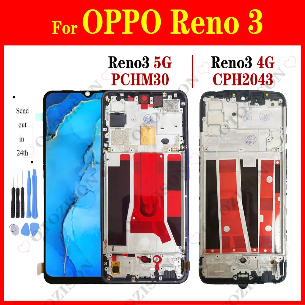 Reno3 LCD With Frame For OPPO Reno3 LCD 5G PCHM30 4G CPH2043 Display Touch Screen Digitizer Sensor Assembly Reno 3 Replacement