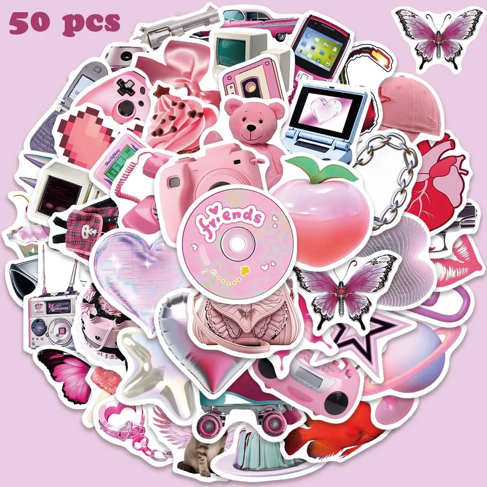 

50pcs Pink Y2K Style Cute Girls Stickers Aesthetic Graffiti Decals For Laptop Suitcase Skateboard Bottle Scrapbook Stickers