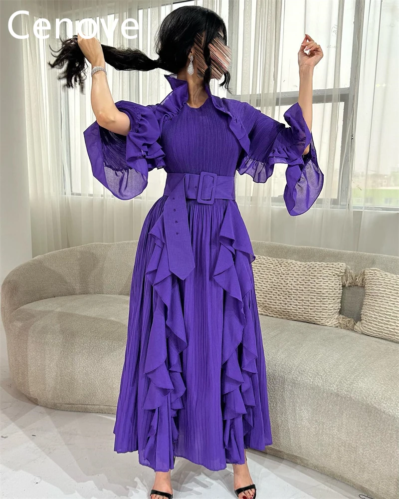 Cenove Purple A-Line O Neck Prom Dress Long Sleeves With Ruffle Evening Summer Elegant Party Dress For Women