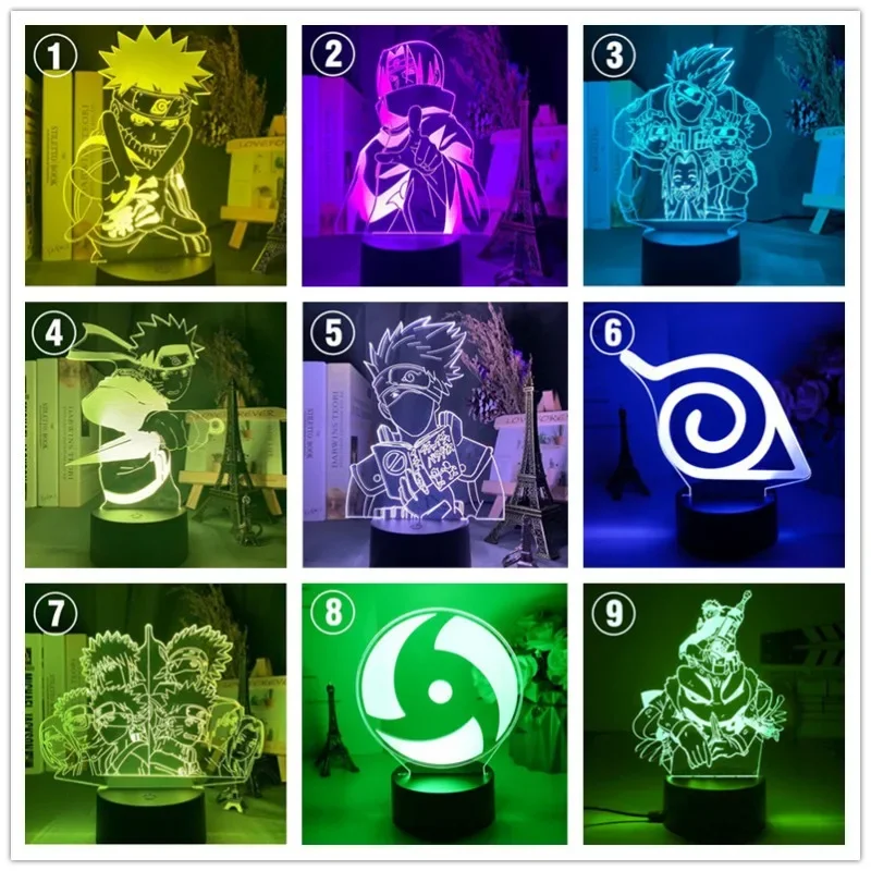 Figura de acción de Naruto Kakashi, luz nocturna, lámpara 3D Kawaii Sasuke Itachi, decoración de dormitorio, modelo de colección de juguete