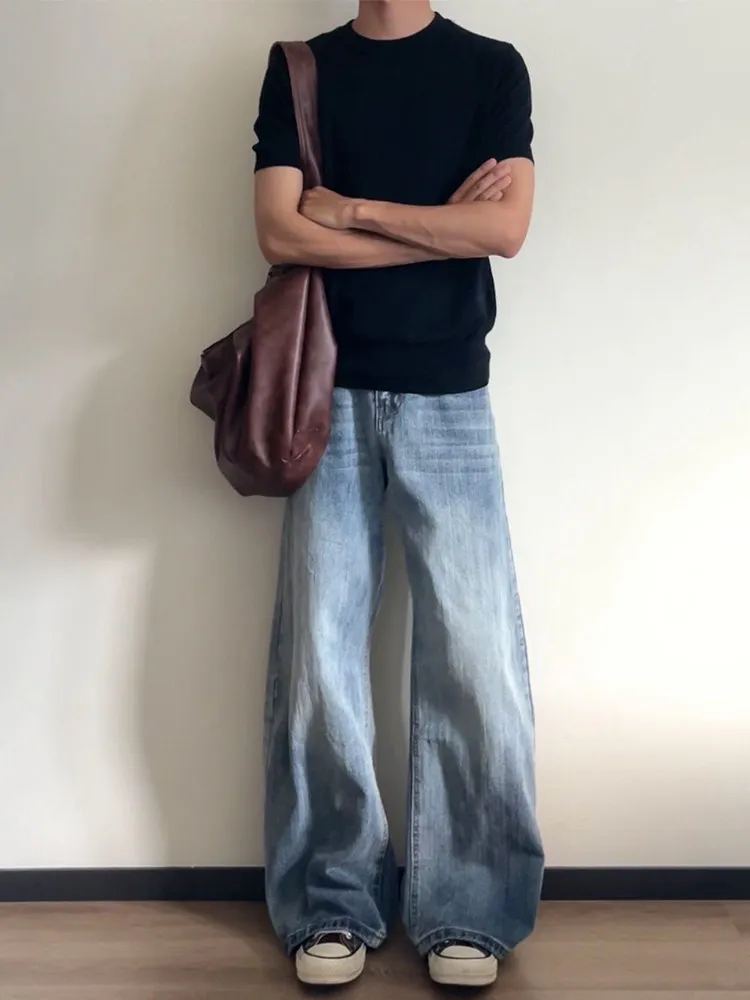 

Loose Men's Blue Jeans Spring Fashion Wide Leg Slim Straight Micro Flared Silhouette Long Trousers Casual Straight Tube Jeans