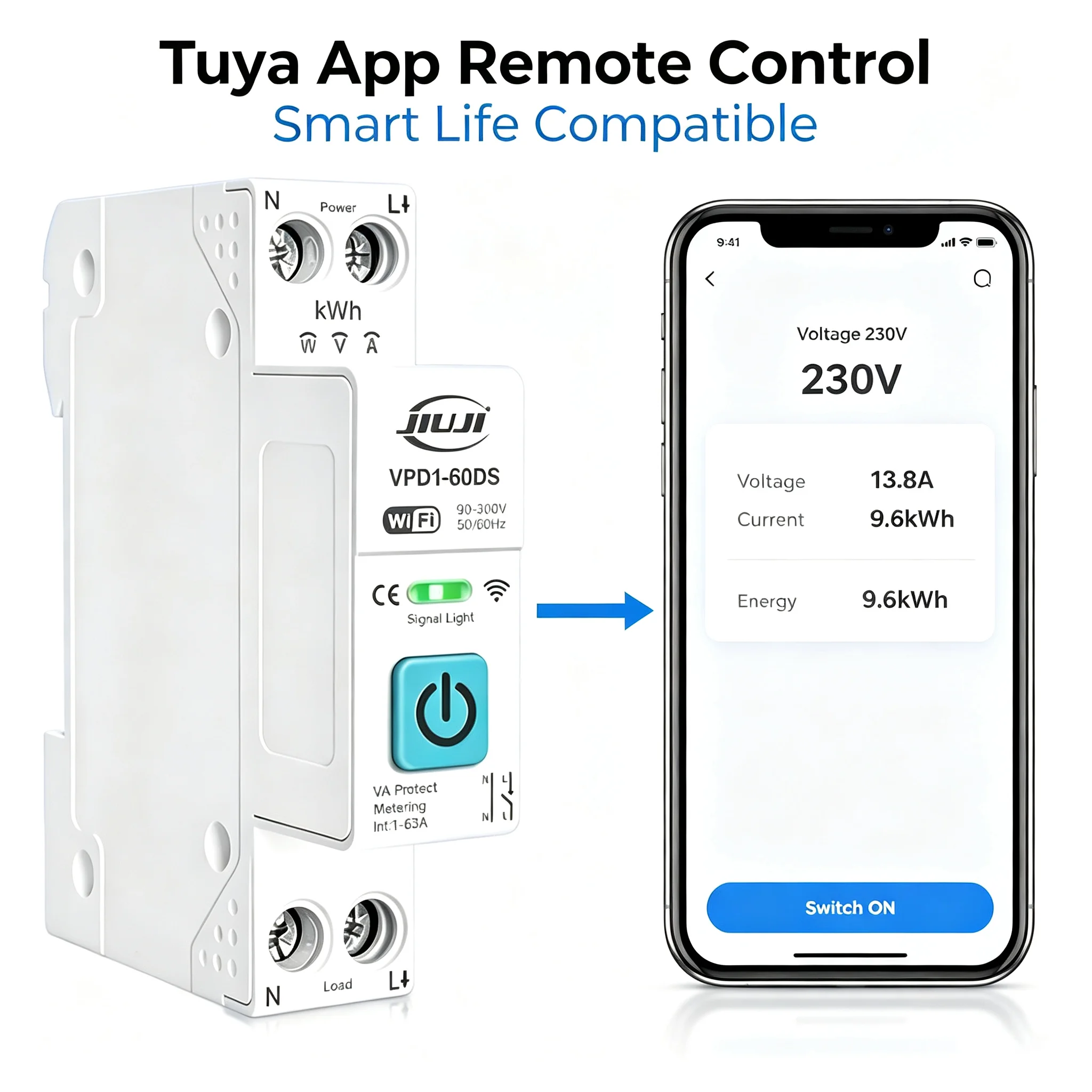 JIUJI VPD1‑60DS WiFi Smart Circuit Breaker 63A TUYA Energy Meter KWh Over Under Voltage Overcurrent Protection DIN Rail Switch
