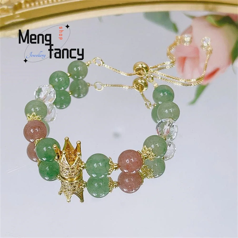 

New Green Strawberry Crystal Female Sen Tie Super Peach Blossom Bell Bow Beaded Bracelet Student Hand Popular Fashion Jewelry