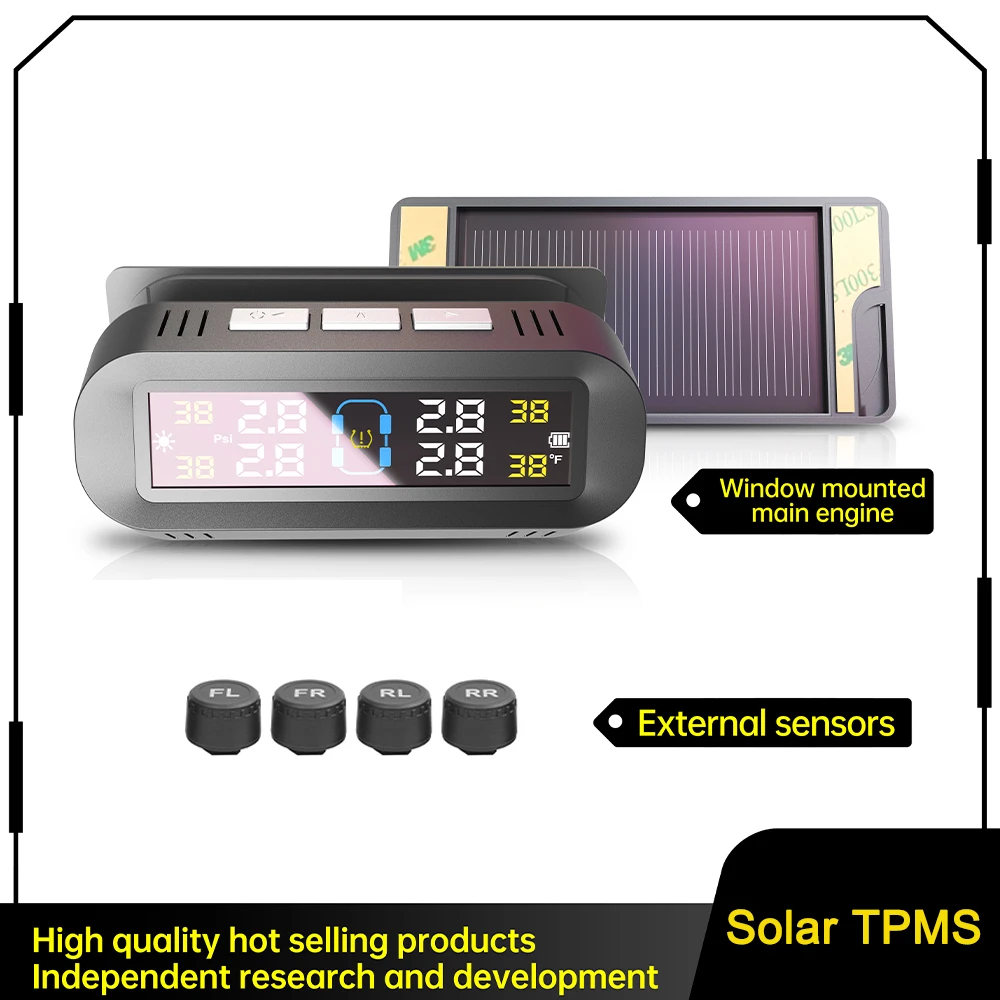 

Solar TPMS Car Tire Pressure Alarm Digital Colorful Display 4 External Sensors Waterproof Tire Pressure Temperature Warning